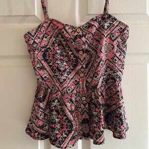 B Jewel Flirty Pink and Black Multiprint Spaghetti Strap Top in XS